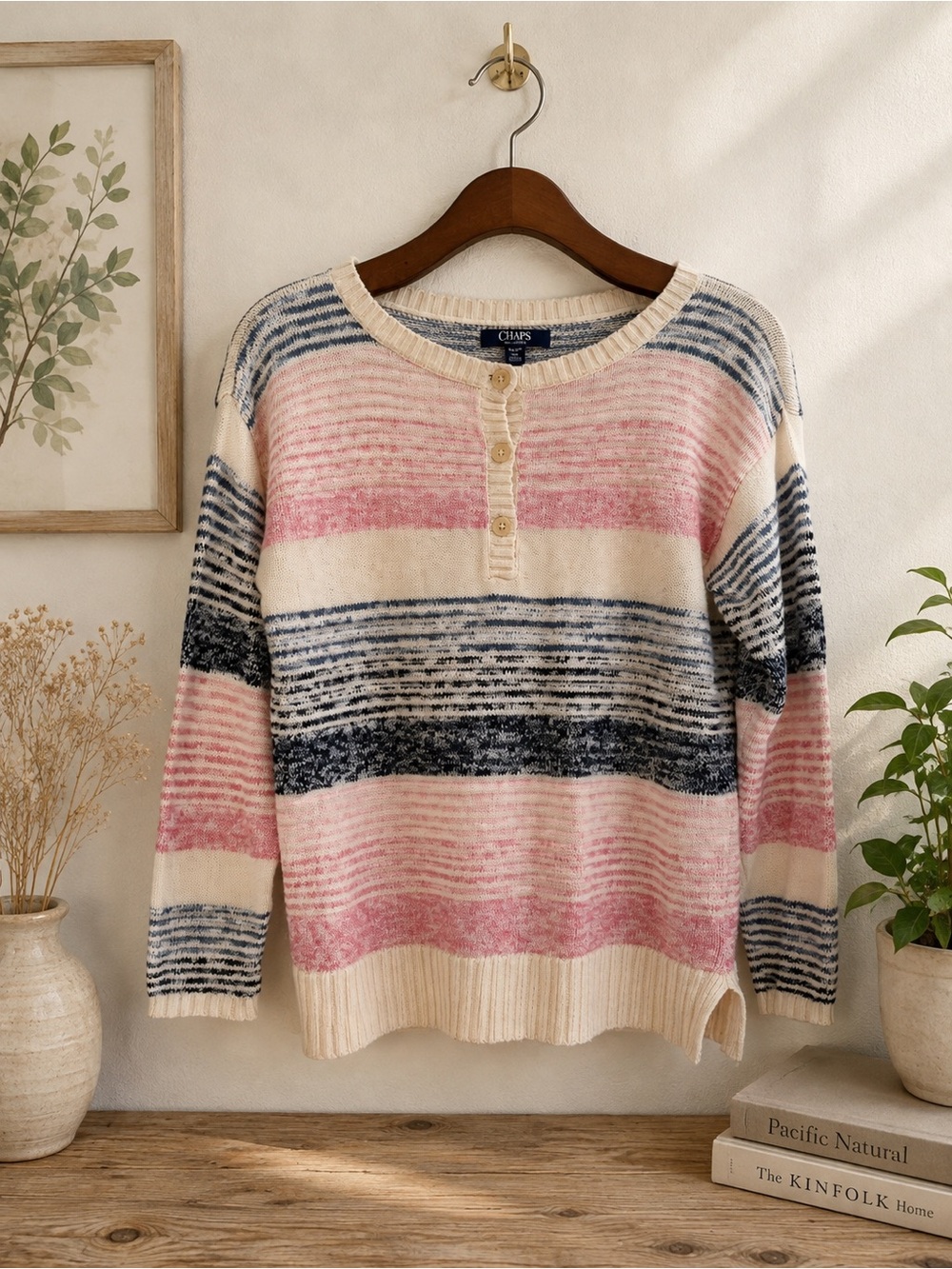 Chaps Lightweight Linen Cotton Blend Striped Henley Sweater Size Small